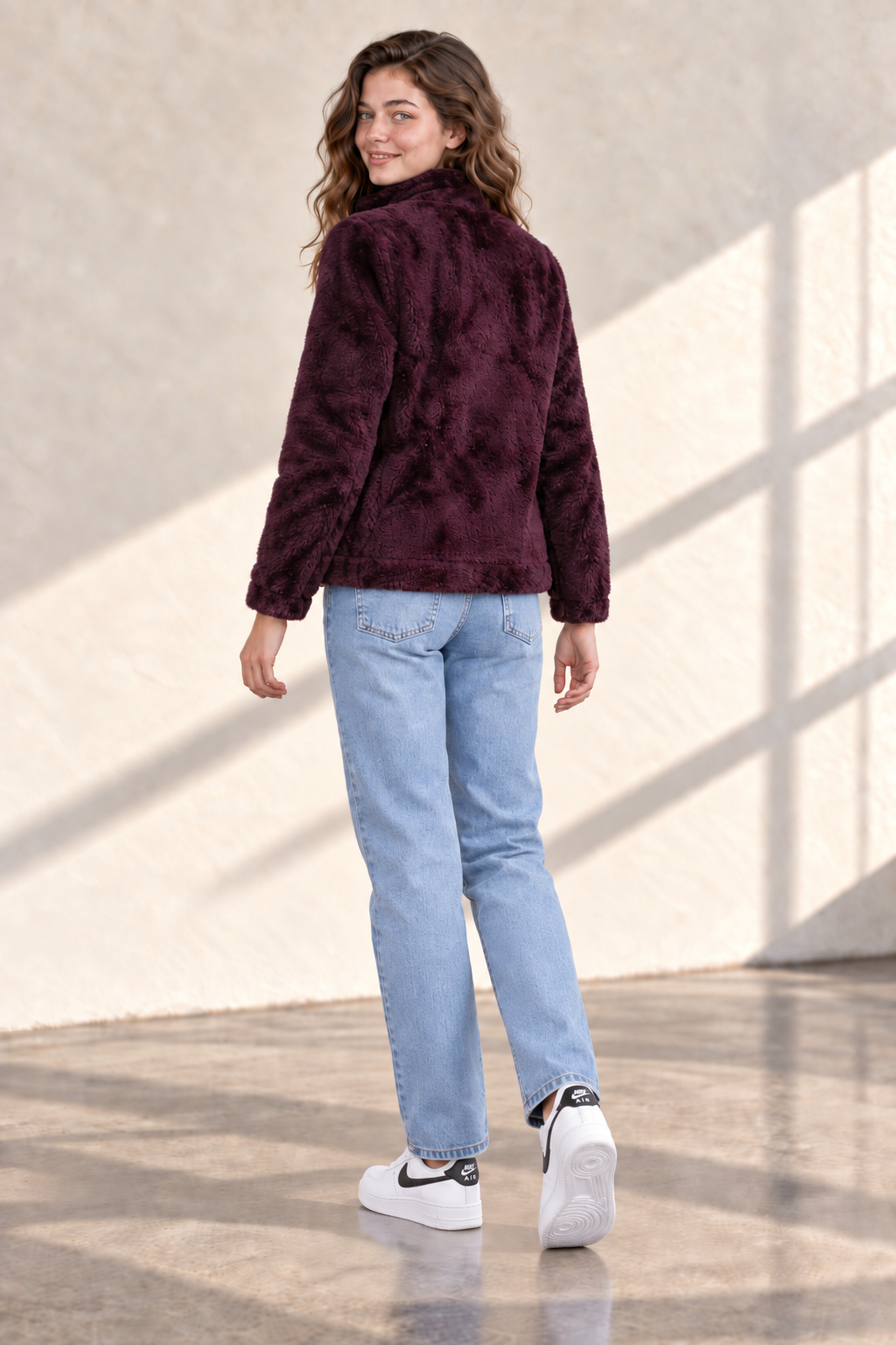 Women’s Wine Coral Fur Sweatshirt | Full-Zip Regular Fit High Neck Winter Jacket