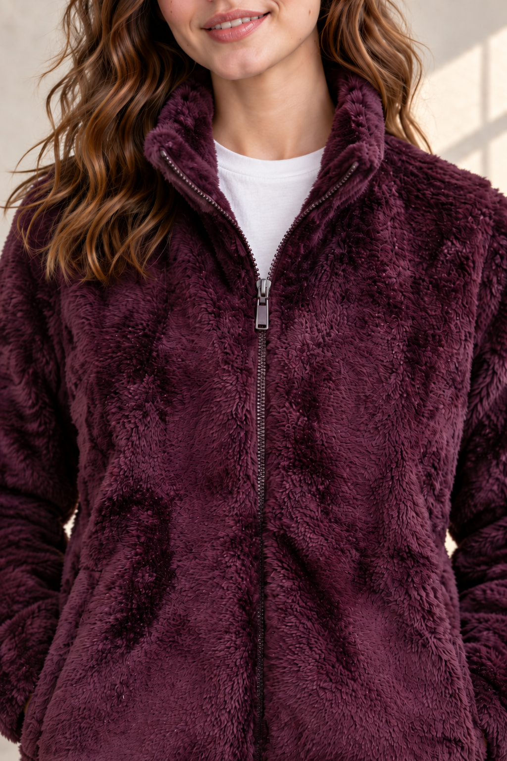 Women’s Wine Coral Fur Sweatshirt | Full-Zip Regular Fit High Neck Winter Jacket