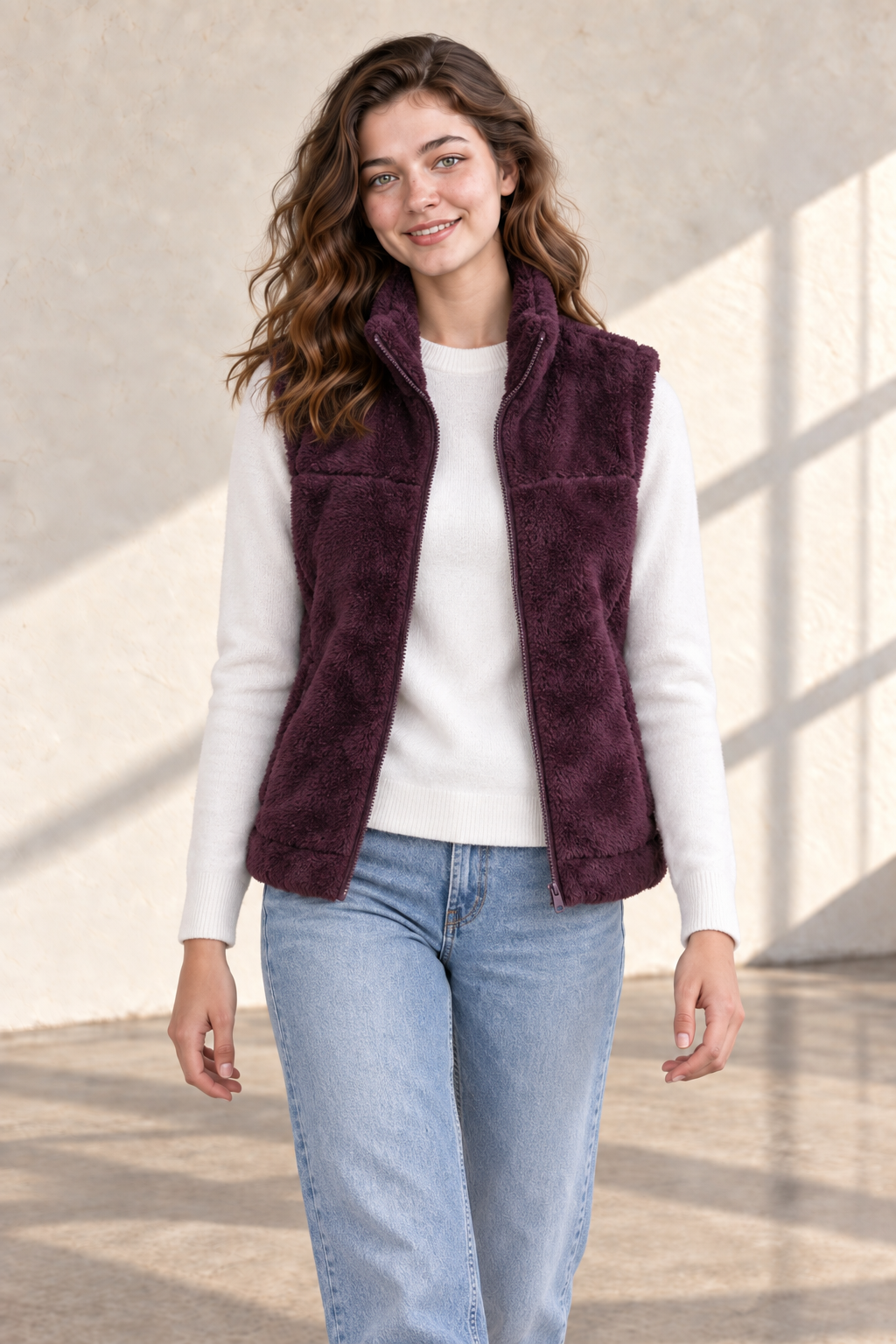 Women’s Wine Coral Fur Gilet | Regular Fit Sleeveless Full-Zip Winter Jacket