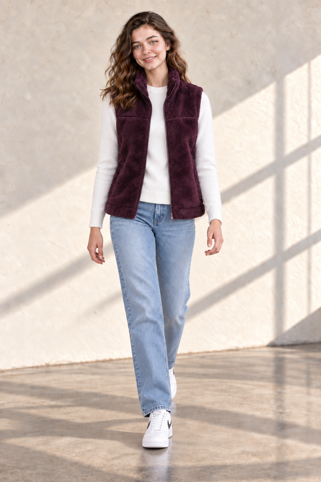Women’s Wine Coral Fur Gilet | Regular Fit Sleeveless Full-Zip Winter Jacket