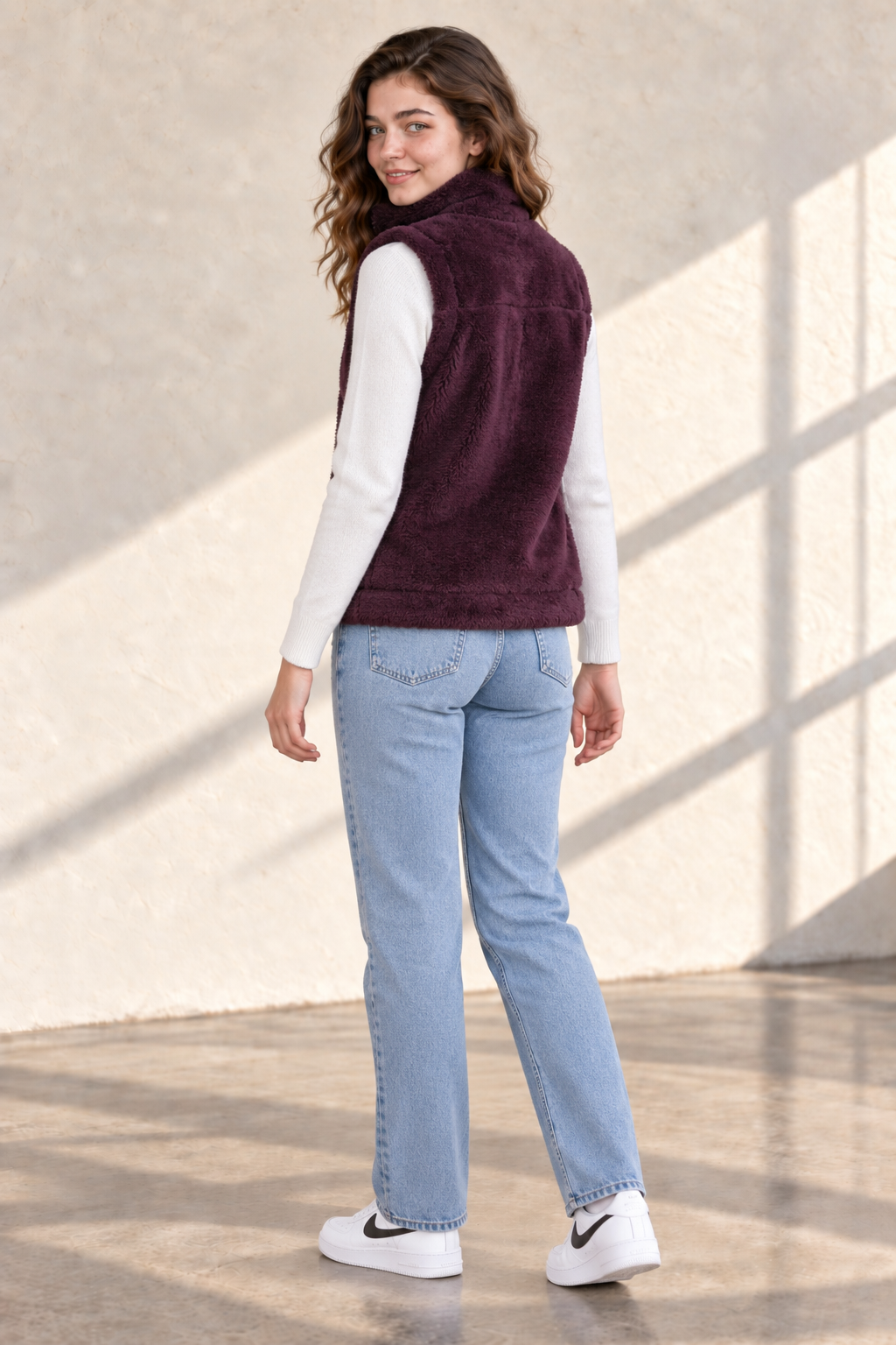 Women’s Wine Coral Fur Gilet | Regular Fit Sleeveless Full-Zip Winter Jacket