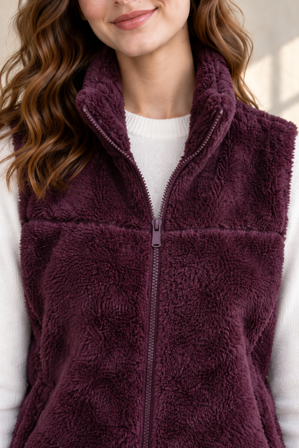 Women’s Wine Coral Fur Gilet | Regular Fit Sleeveless Full-Zip Winter Jacket