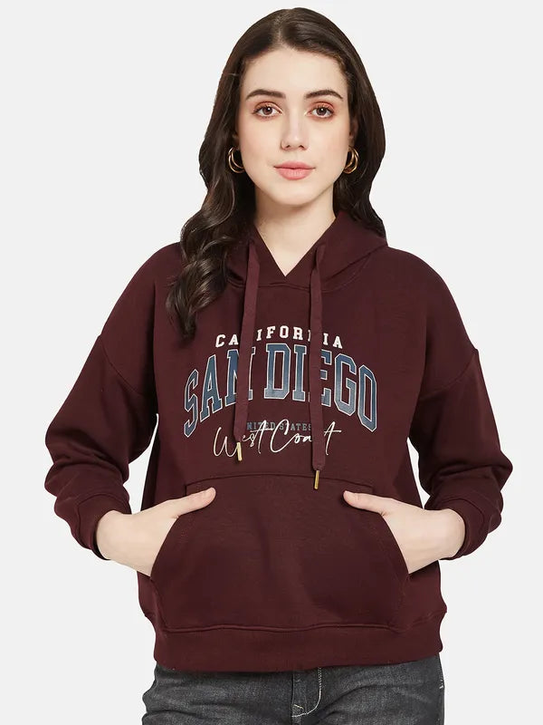 Mettle Women Maroon Printed Hooded Sweatshirt