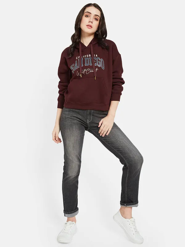 Mettle Women Maroon Printed Hooded Sweatshirt