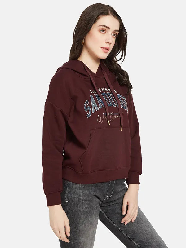 Mettle Women Maroon Printed Hooded Sweatshirt