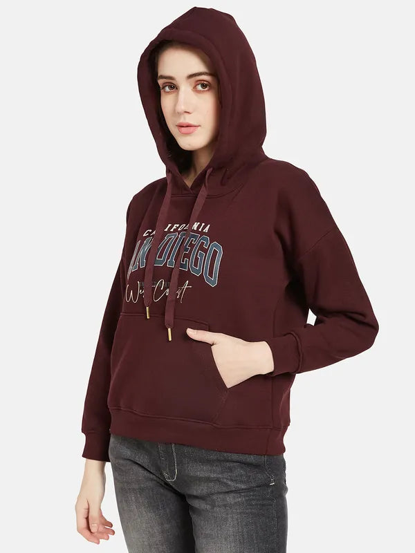 Mettle Women Maroon Printed Hooded Sweatshirt