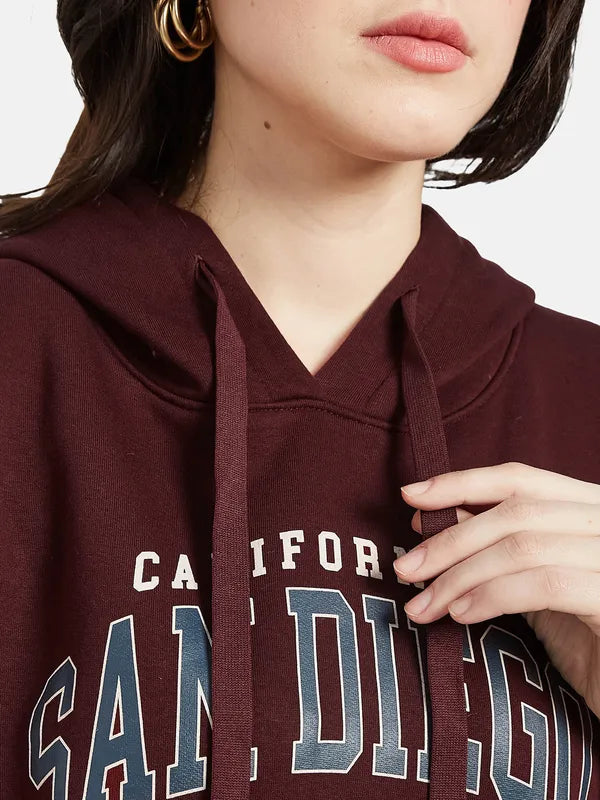 Mettle Women Maroon Printed Hooded Sweatshirt