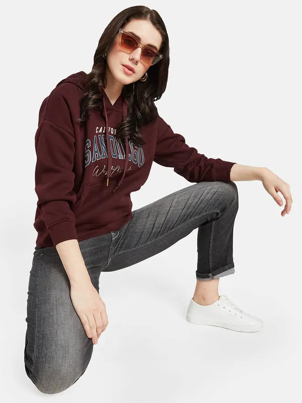 Mettle Women Maroon Printed Hooded Sweatshirt