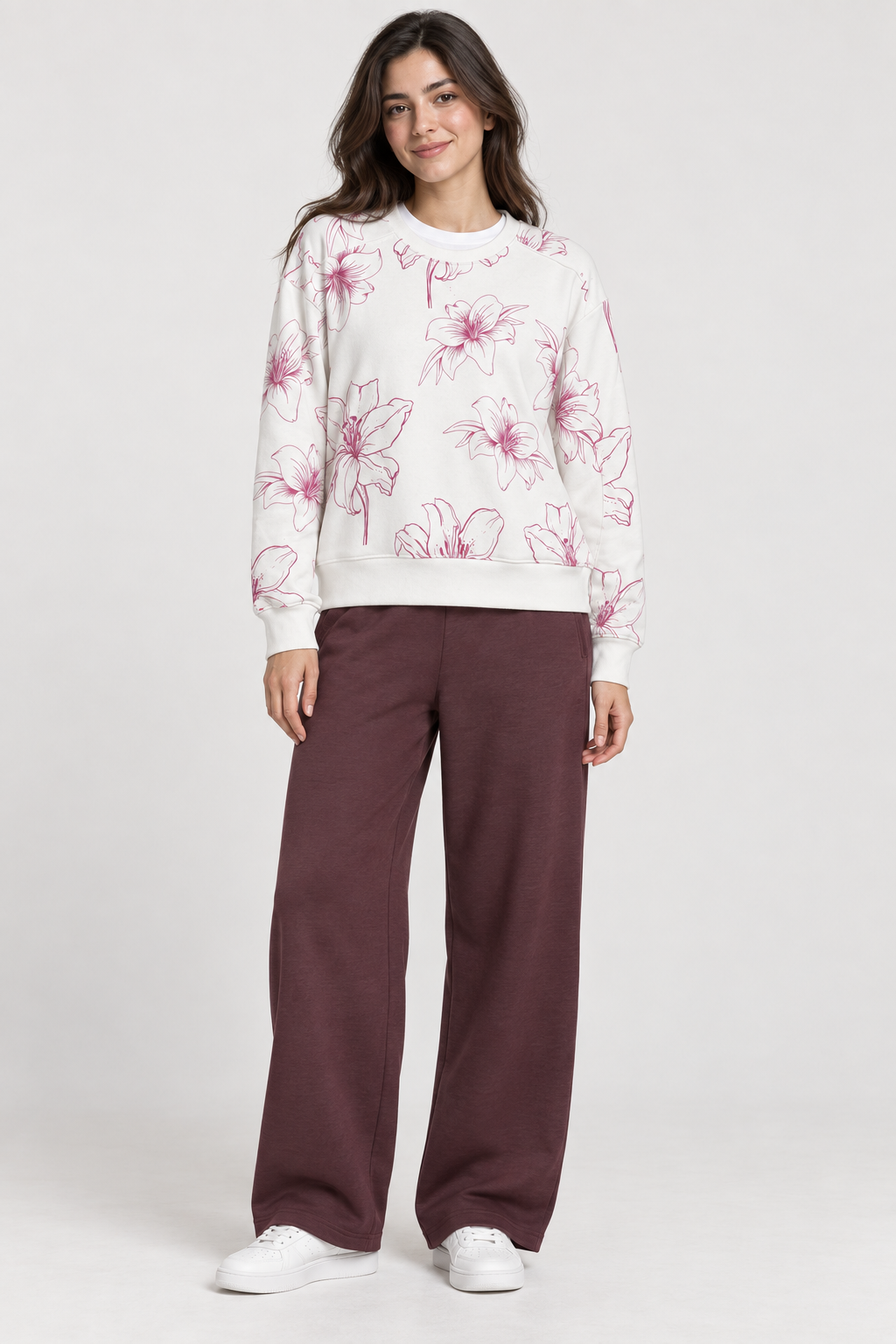 Women’s Hot Pink Floral Print Cotton Brushed Fleece Sweatshirt – Regular Fit Crew Neck