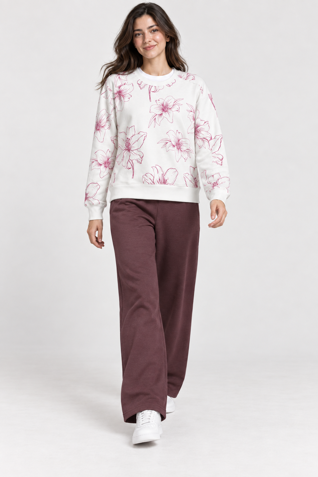 Women’s Hot Pink Floral Print Cotton Brushed Fleece Sweatshirt – Regular Fit Crew Neck