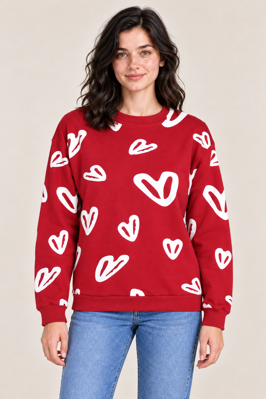 Women’s Salsa Red Heart Print Regular Fit Cotton Brushed Fleece Sweatshirt