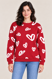 Women’s Salsa Red Heart Print Regular Fit Cotton Brushed Fleece Sweatshirt