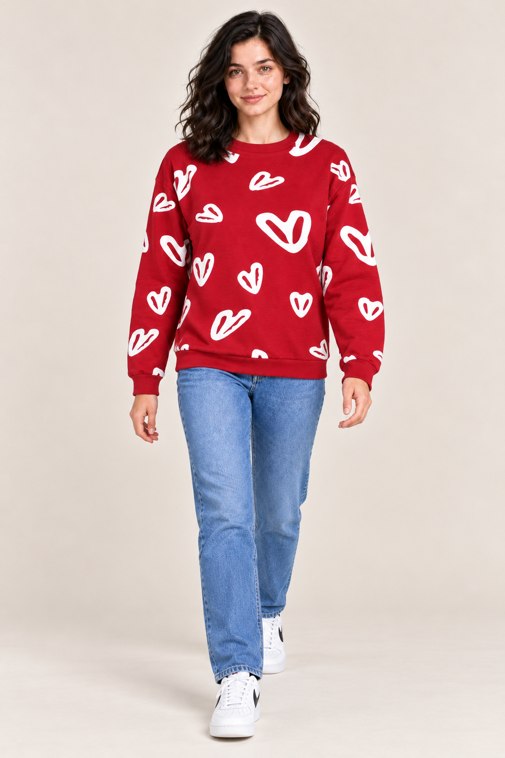Women’s Salsa Red Heart Print Regular Fit Cotton Brushed Fleece Sweatshirt