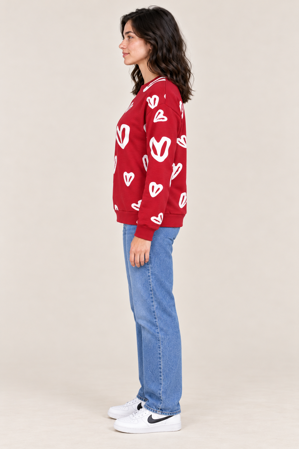 Women’s Salsa Red Heart Print Regular Fit Cotton Brushed Fleece Sweatshirt
