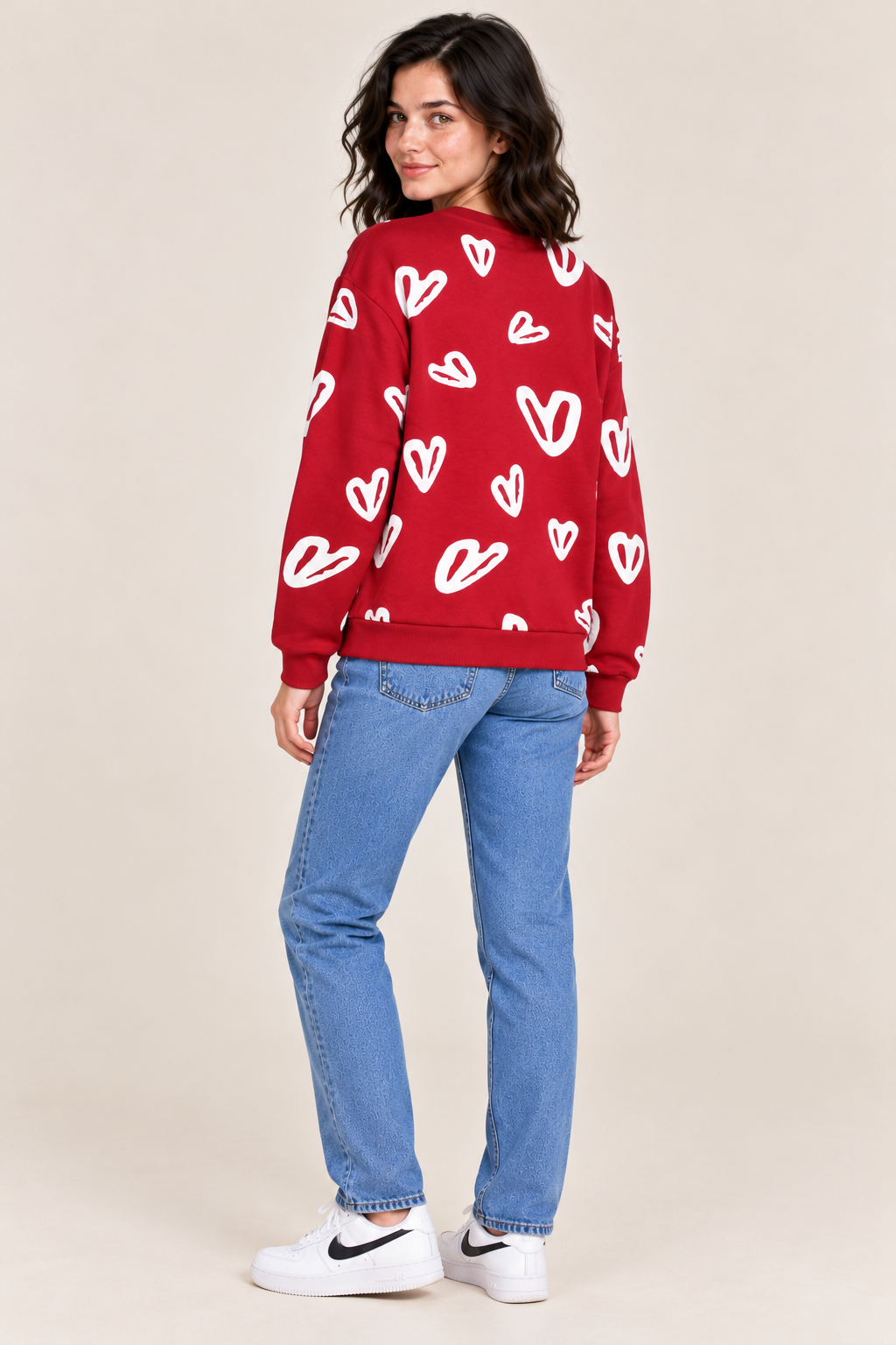 Women’s Salsa Red Heart Print Regular Fit Cotton Brushed Fleece Sweatshirt