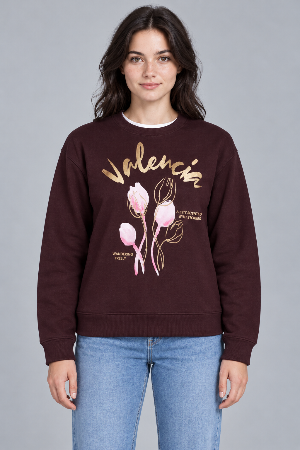 Women’s Wine Floral Print Regular Fit Cotton Brushed Fleece Sweatshirt