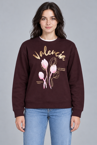 Women’s Wine Floral Print Regular Fit Cotton Brushed Fleece Sweatshirt