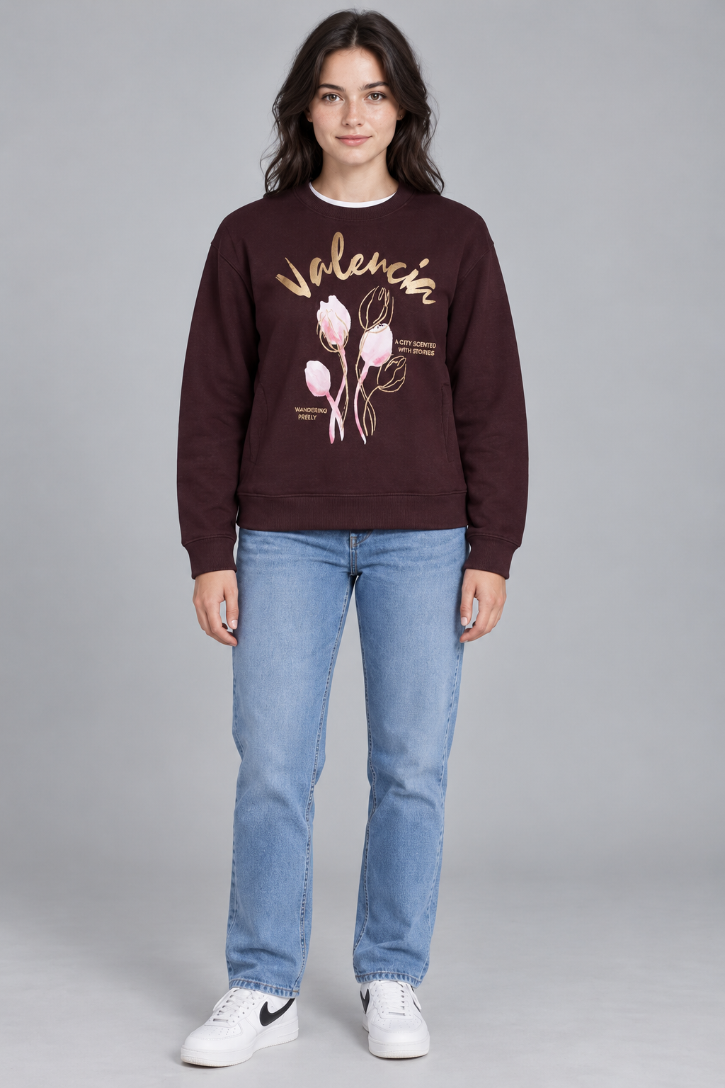 Women’s Wine Floral Print Regular Fit Cotton Brushed Fleece Sweatshirt