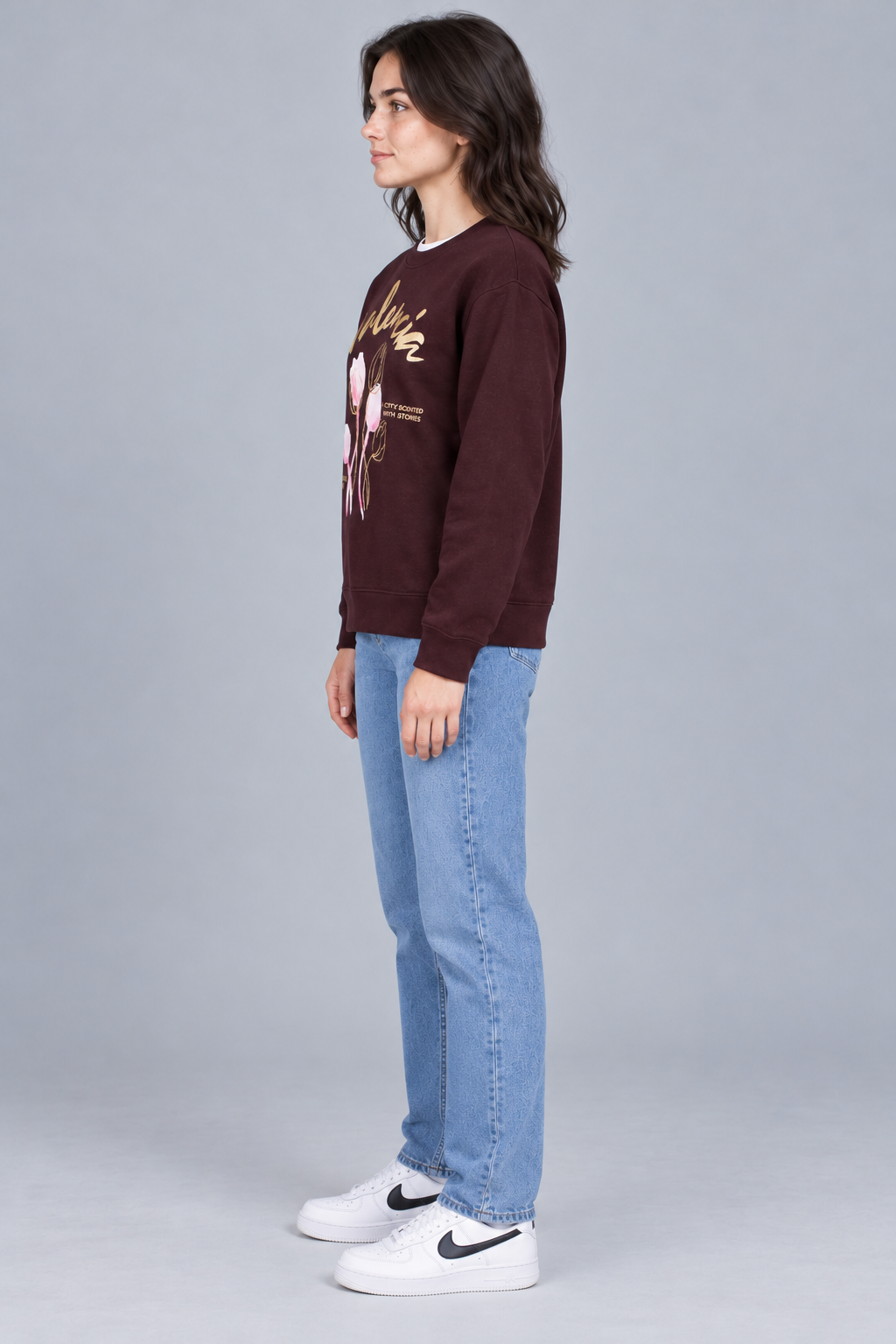 Women’s Wine Floral Print Regular Fit Cotton Brushed Fleece Sweatshirt