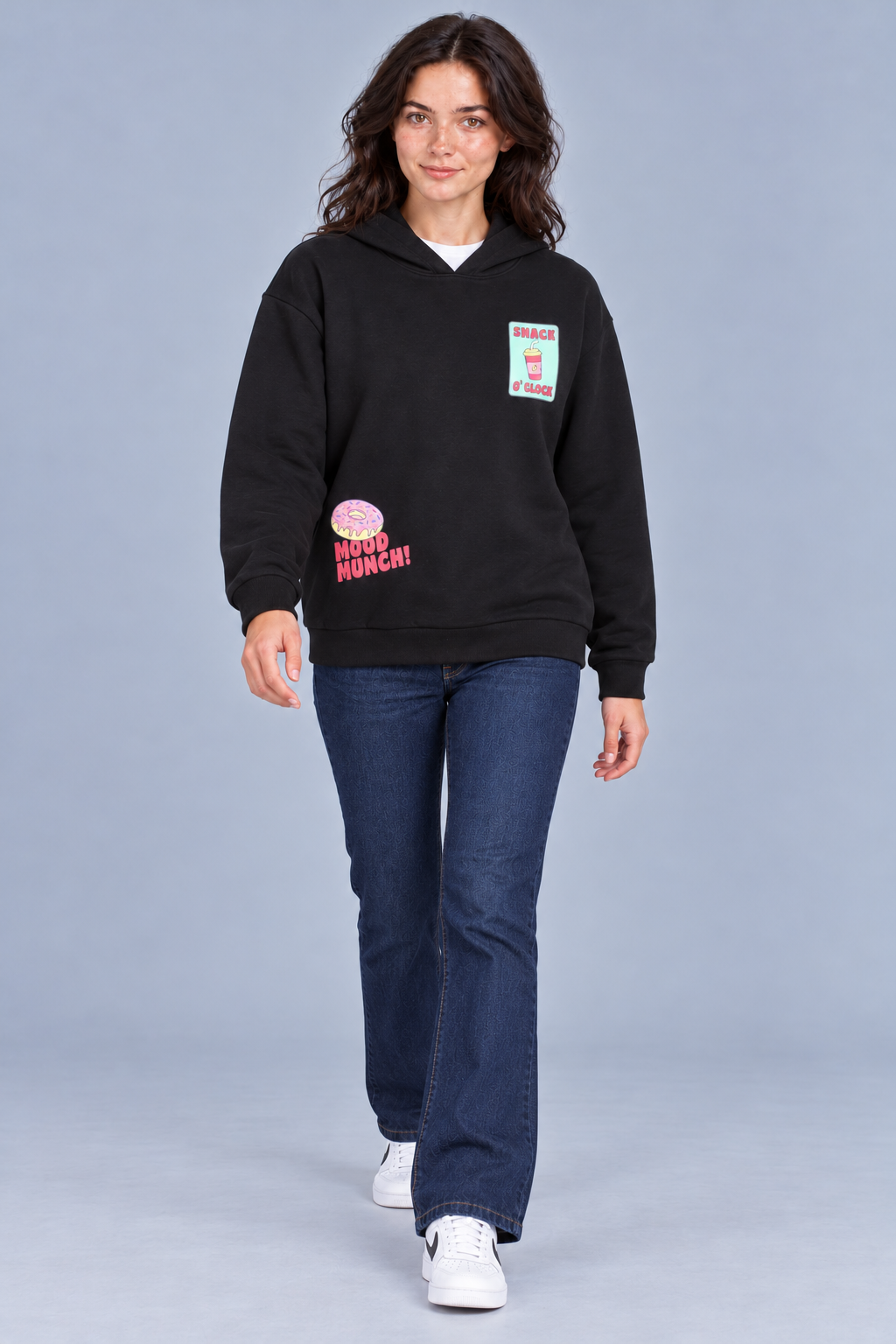 Women's Regular Fit Cotton Brushed Fleece Hooded Sweatshirt with Snack Graphic Print – Black