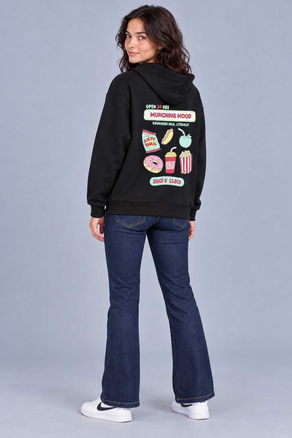 Women's Regular Fit Cotton Brushed Fleece Hooded Sweatshirt with Snack Graphic Print – Black