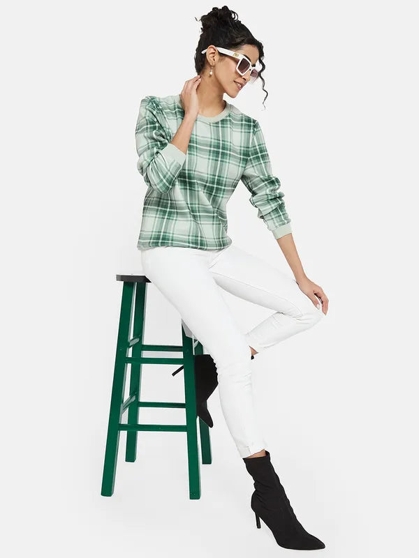 Mettle Women Green Checked Sweatshirt