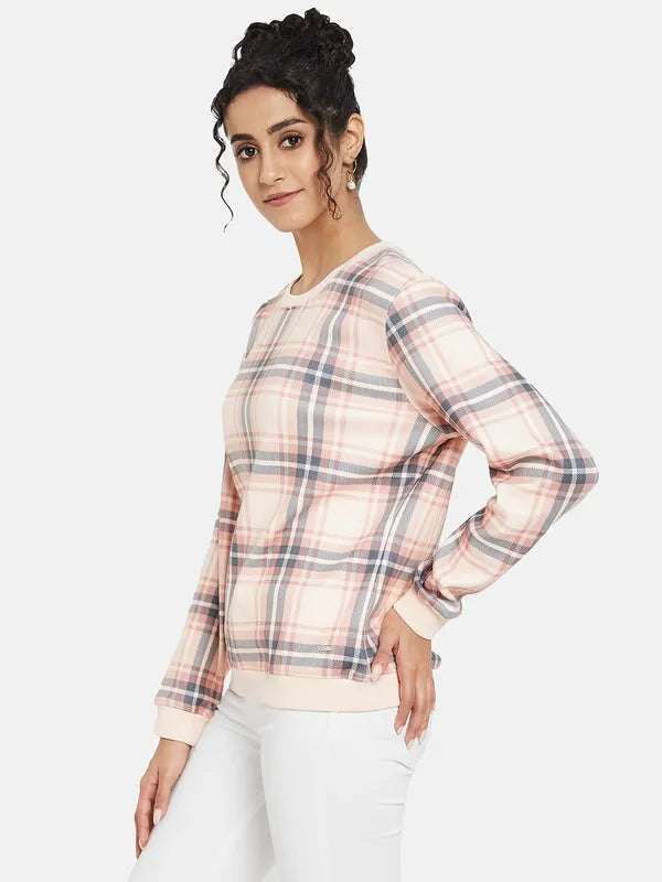 Mettle Women Pink Checked Sweatshirt