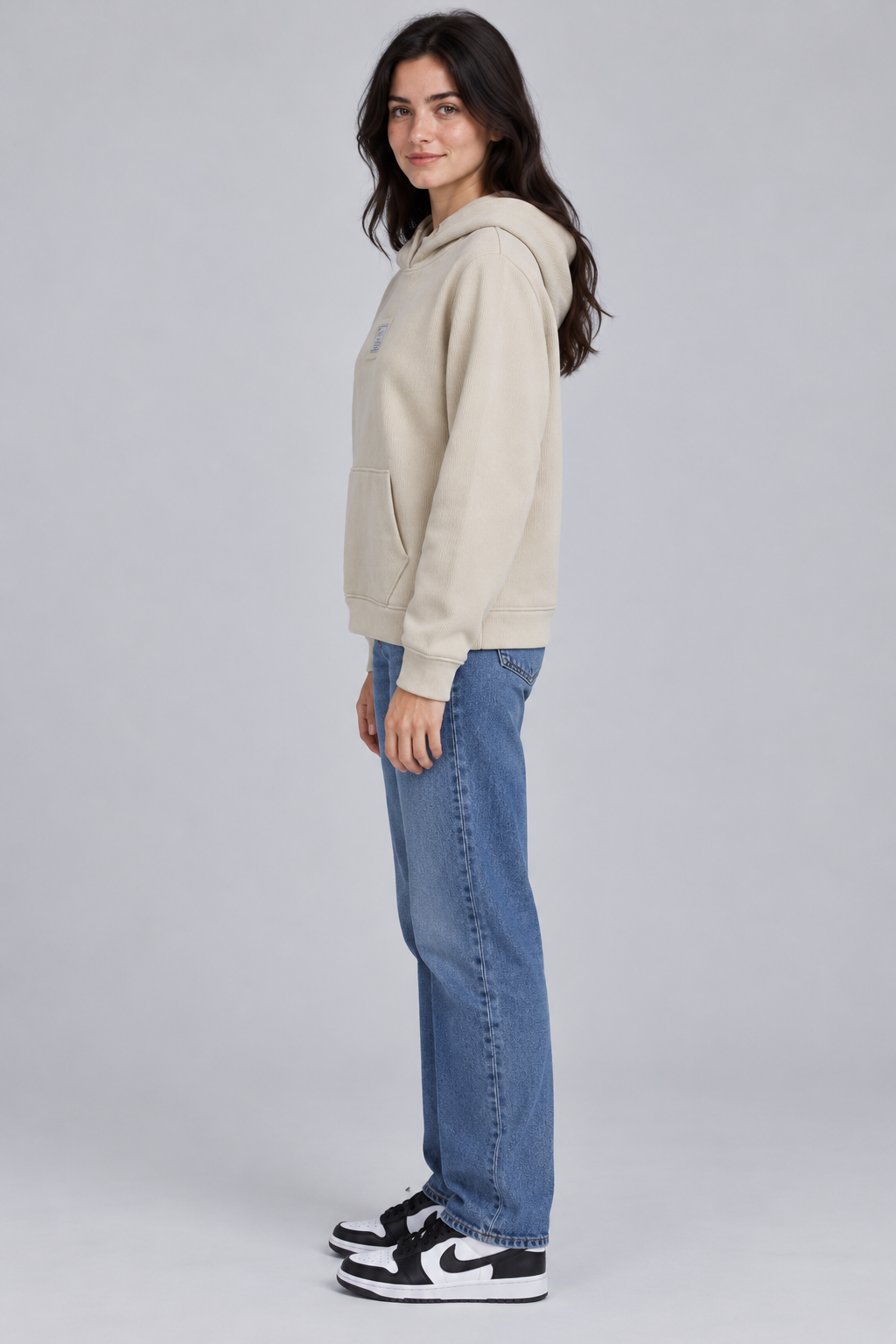 Women's Regular Fit Knitted Hooded Sweatshirt with Kangaroo Pocket – Beige