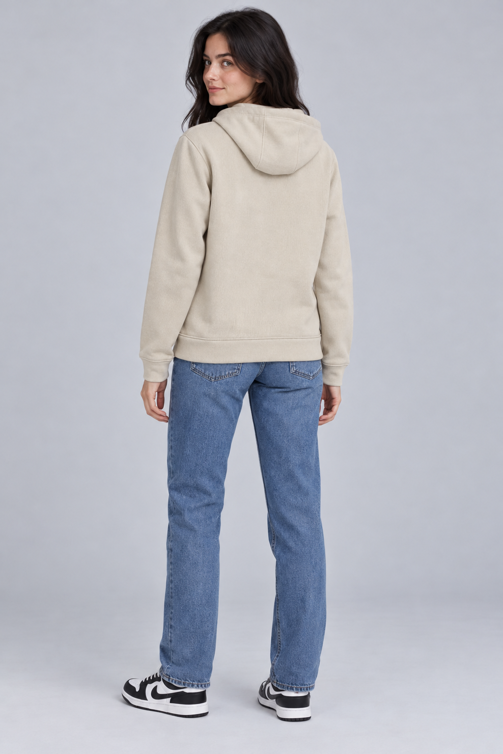 Women's Regular Fit Knitted Hooded Sweatshirt with Kangaroo Pocket – Beige