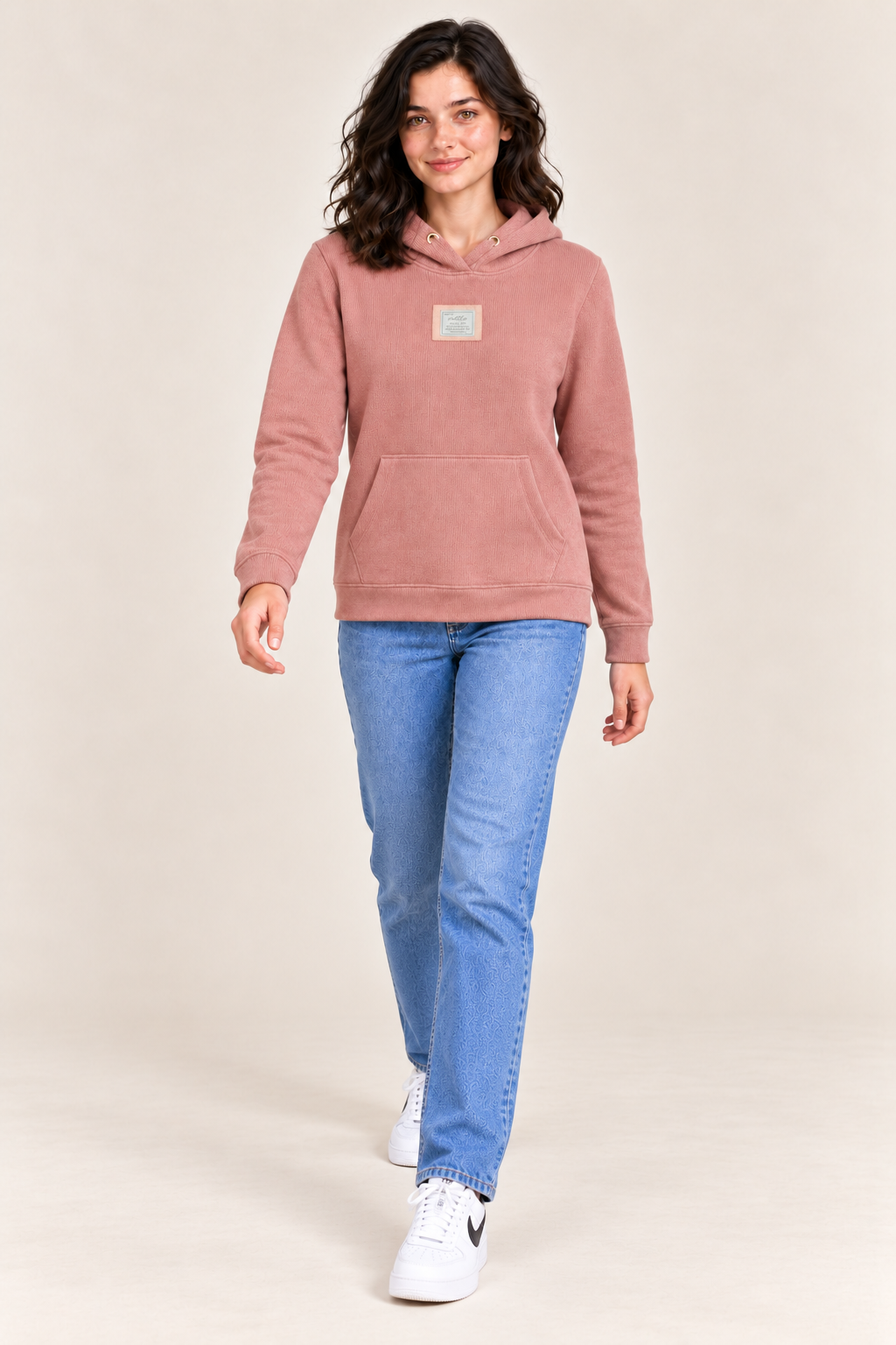 Women's Regular Fit Knitted Hooded Sweatshirt with Kangaroo Pocket – Peach
