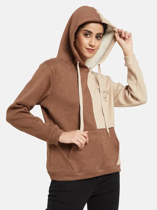 Mettle Women Brown Colourblocked Hooded Sweatshirt