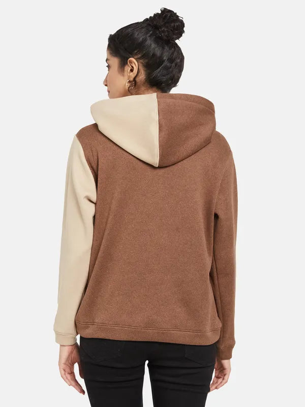 Mettle Women Brown Colourblocked Hooded Sweatshirt