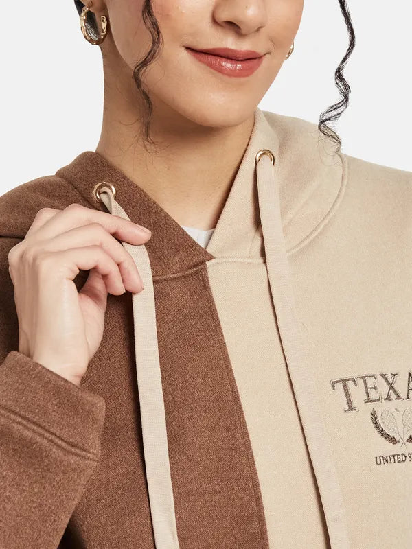 Mettle Women Brown Colourblocked Hooded Sweatshirt