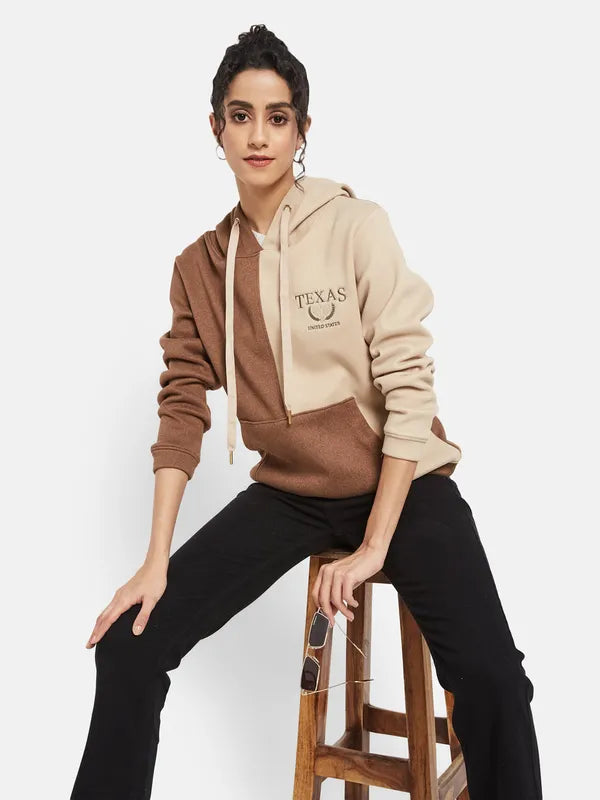 Mettle Women Brown Colourblocked Hooded Sweatshirt