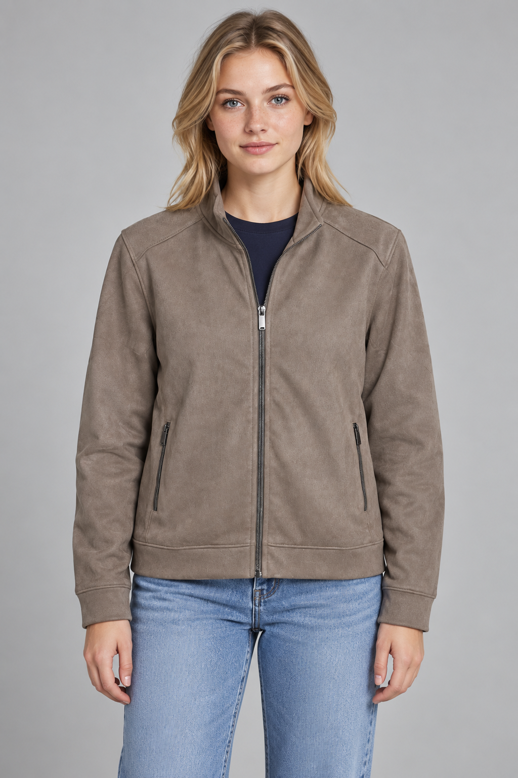 Women’s Regular Fit Knitted Suede Zip-Up Sweatshirt – Dark Stone