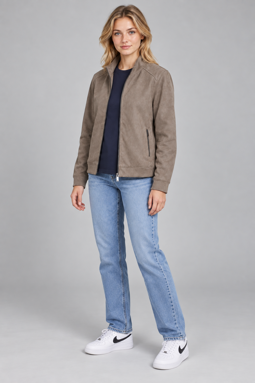 Women’s Regular Fit Knitted Suede Zip-Up Sweatshirt – Dark Stone