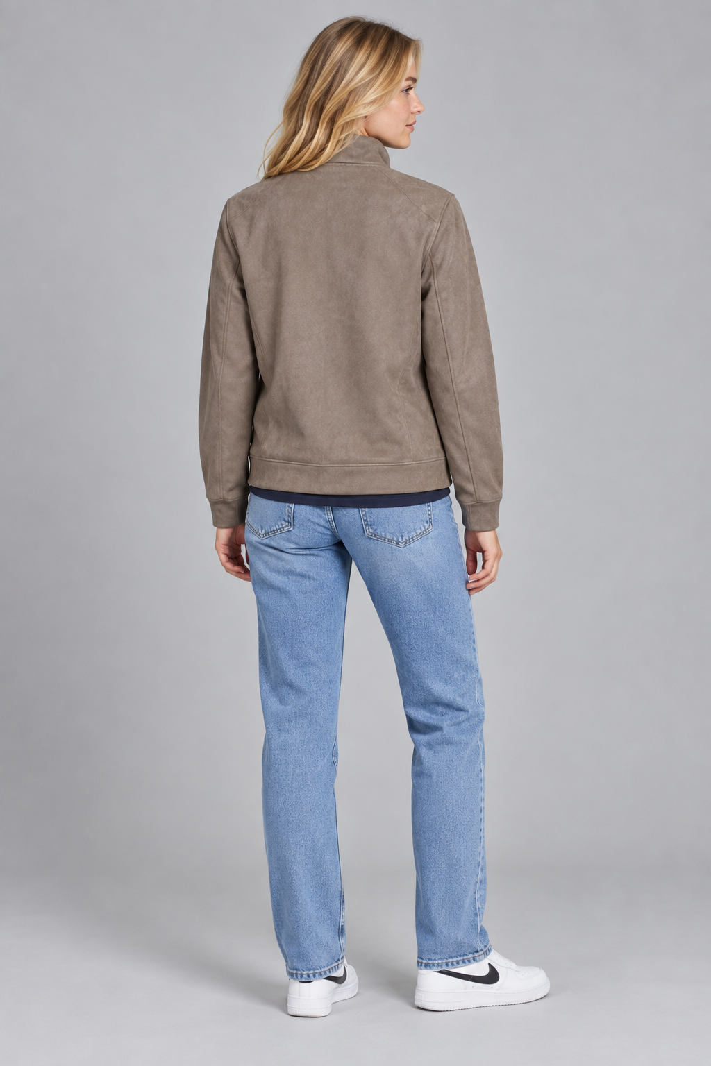 Women’s Regular Fit Knitted Suede Zip-Up Sweatshirt – Dark Stone
