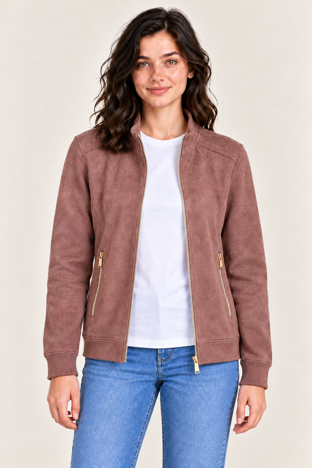Women's Regular Fit Knitted Suede Full Zip Sweatshirt with Stand Collar and Zipper Pockets – Rose Petal