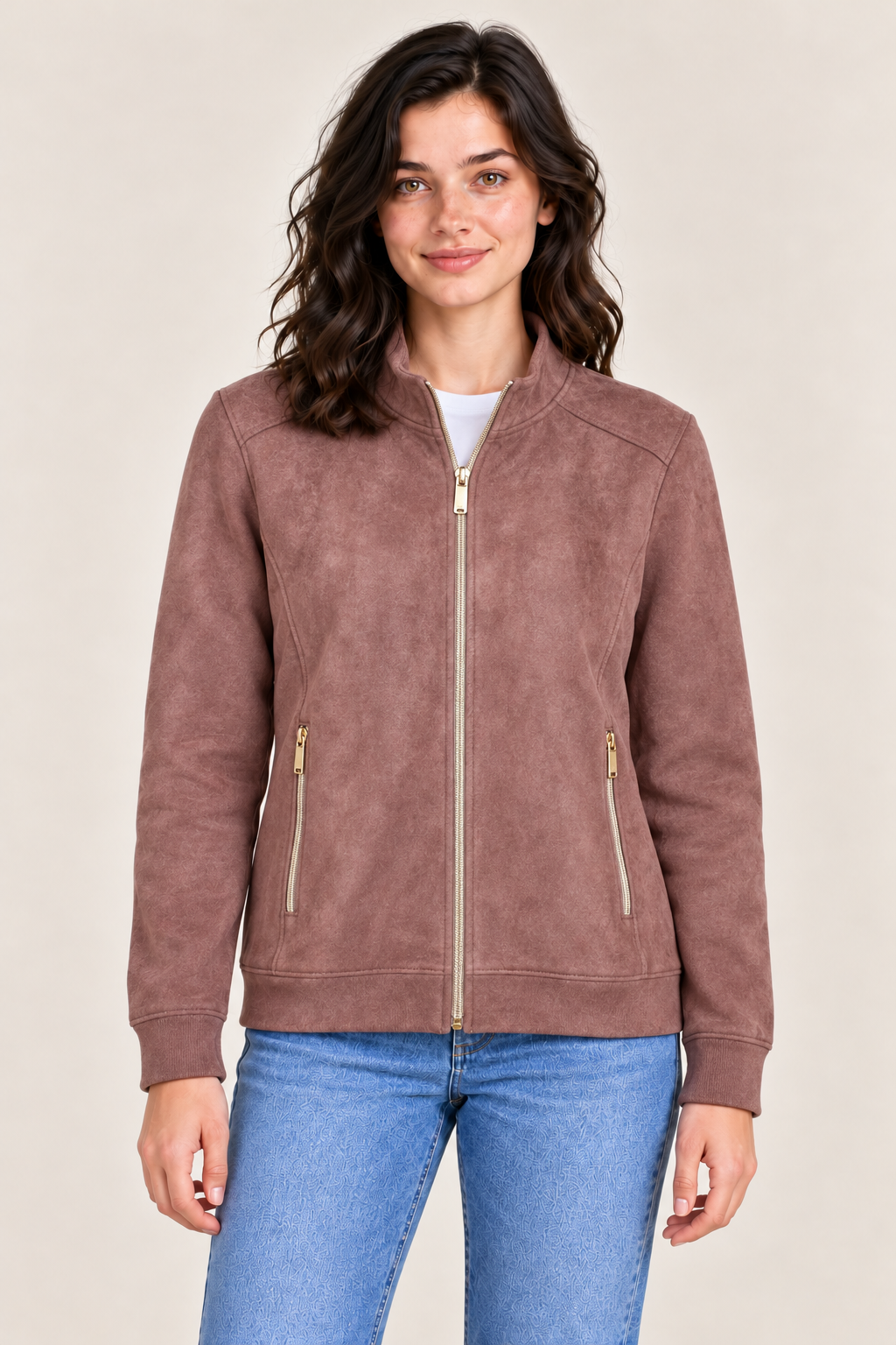 Women's Regular Fit Knitted Suede Full Zip Sweatshirt with Stand Collar and Zipper Pockets – Rose Petal