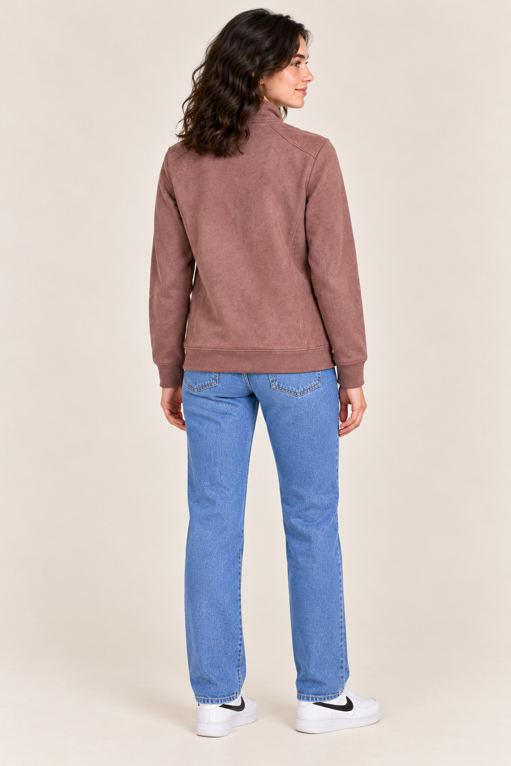 Women's Regular Fit Knitted Suede Full Zip Sweatshirt with Stand Collar and Zipper Pockets – Rose Petal
