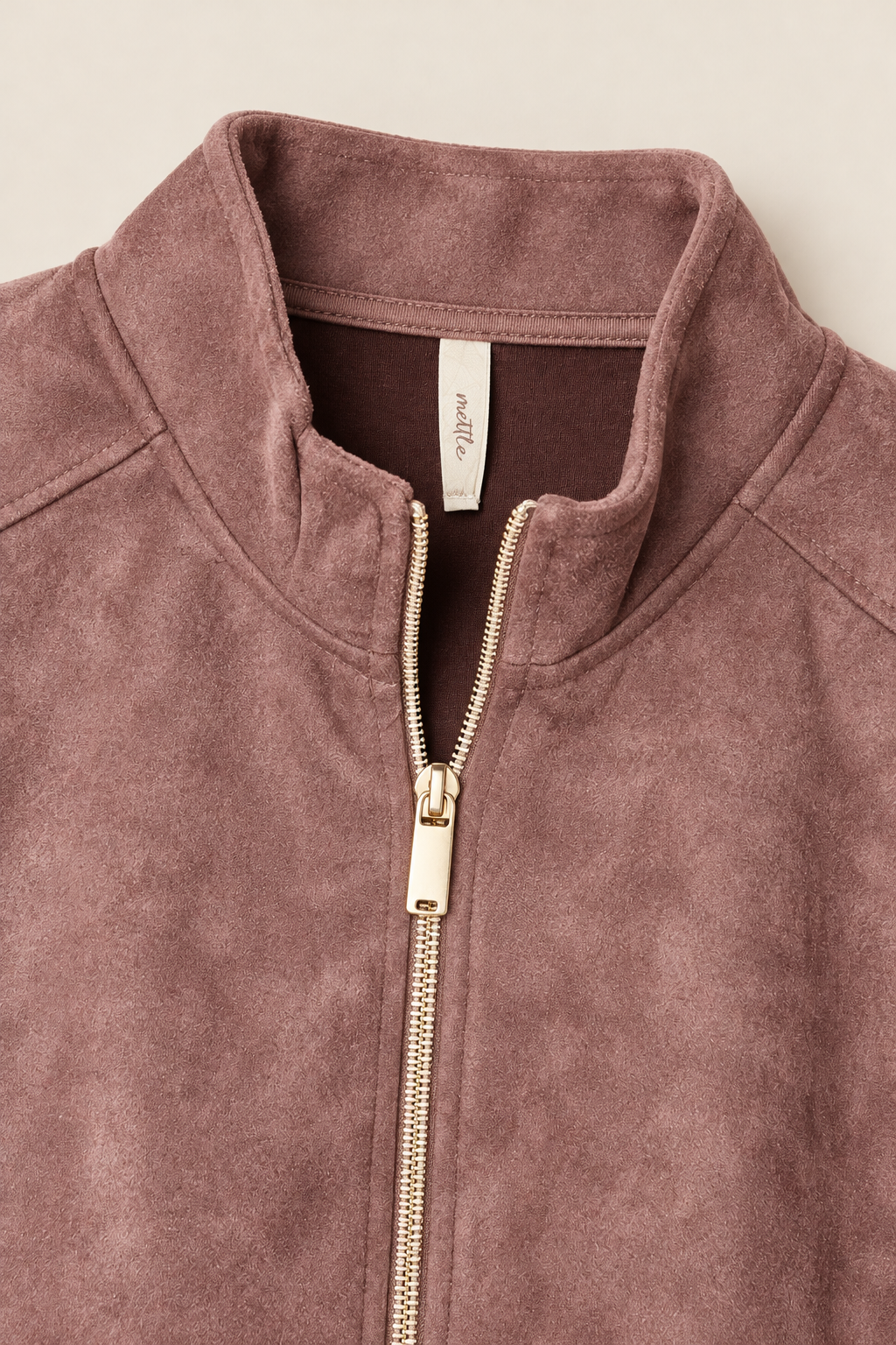 Women's Regular Fit Knitted Suede Full Zip Sweatshirt with Stand Collar and Zipper Pockets – Rose Petal