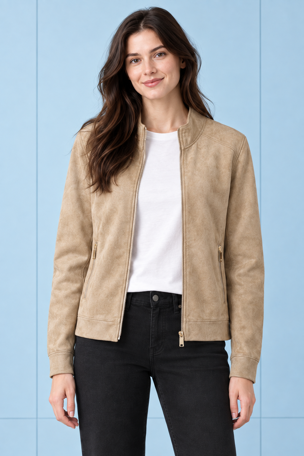 Women’s Camel Knitted Suede Full-Zip Sweatshirt – Regular Fit