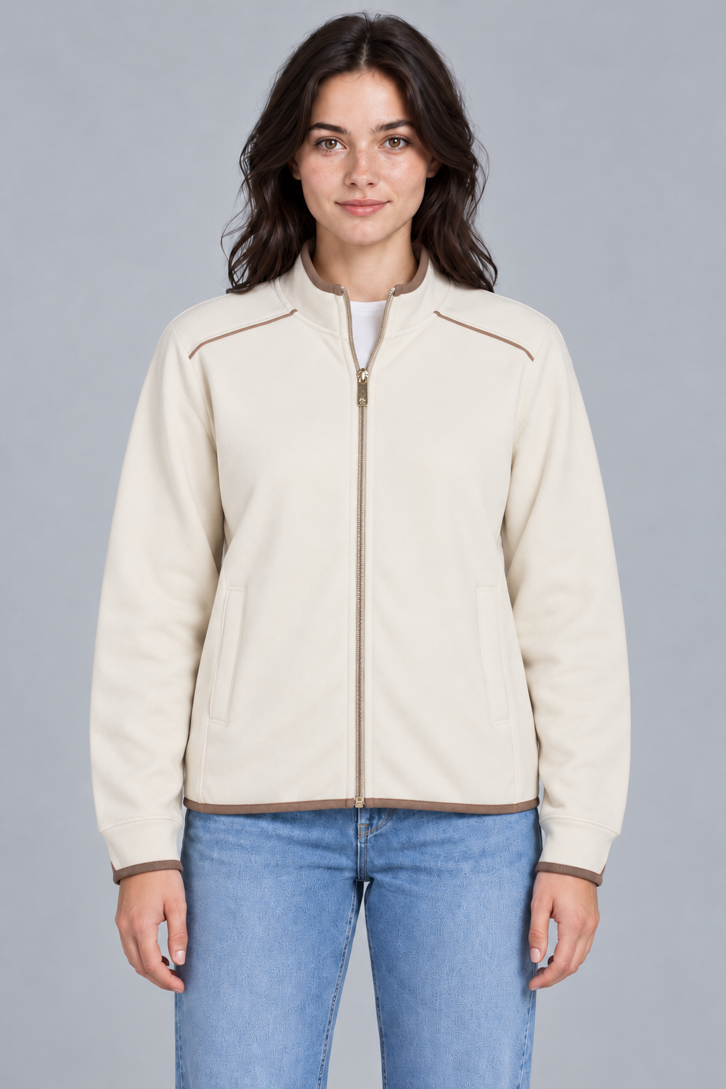 Women's Regular Fit Knitted Full Zip Sweatshirt with Stand Collar – Ivory