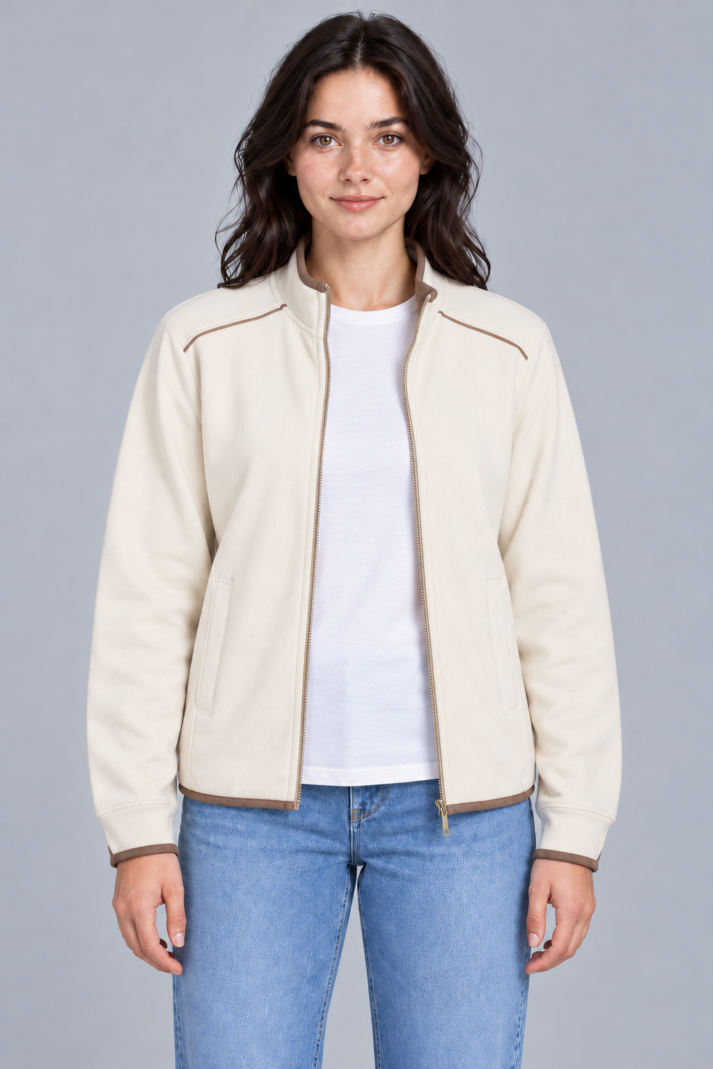 Women's Regular Fit Knitted Full Zip Sweatshirt with Stand Collar – Ivory