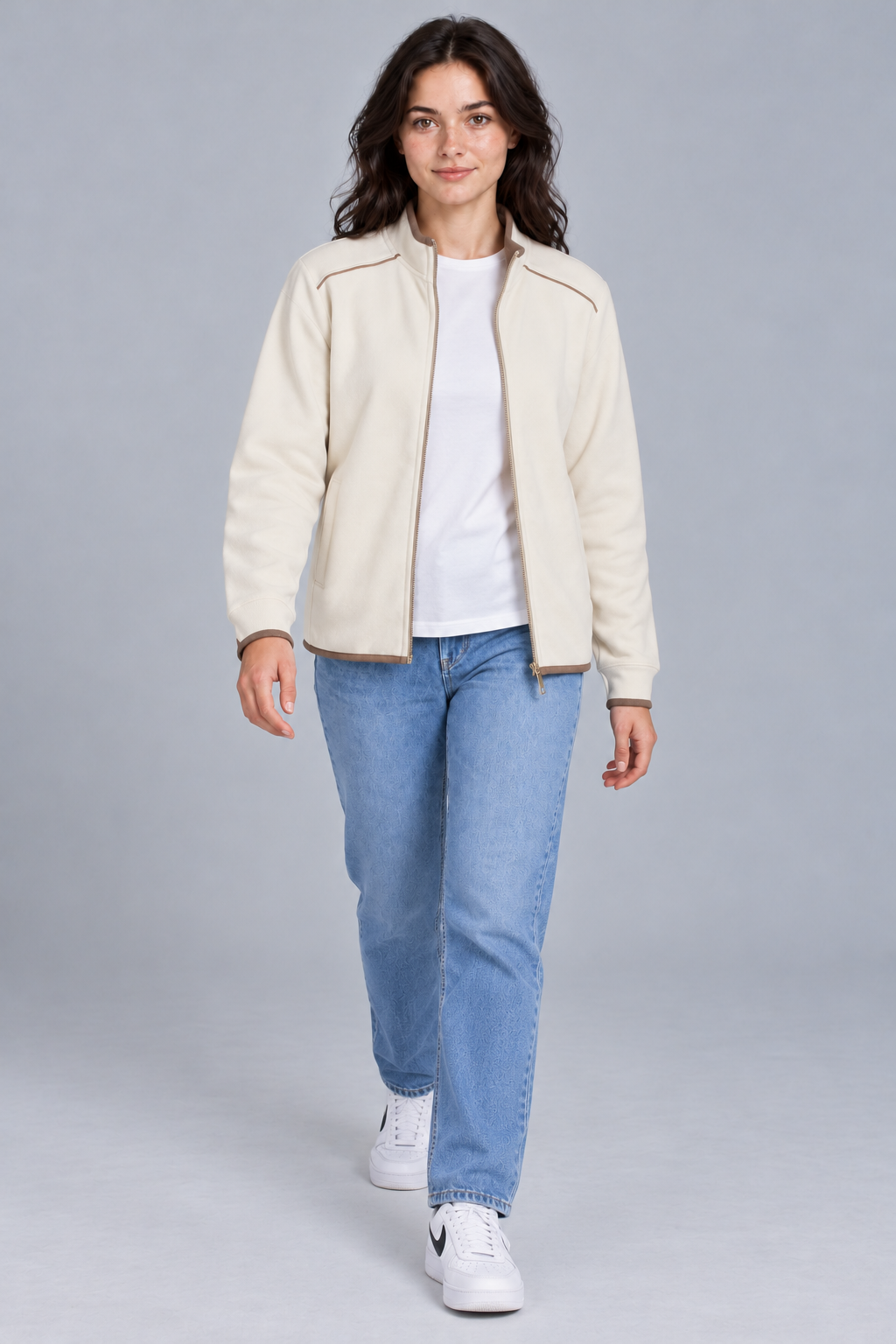 Women's Regular Fit Knitted Full Zip Sweatshirt with Stand Collar – Ivory