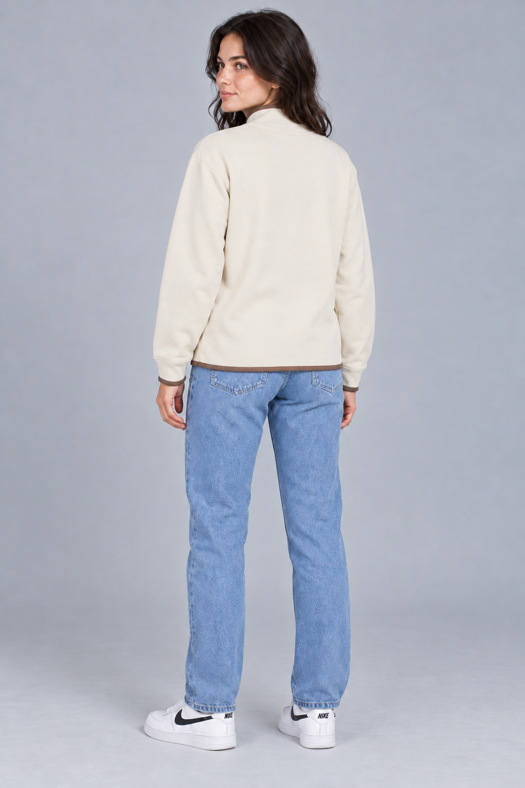 Women's Regular Fit Knitted Full Zip Sweatshirt with Stand Collar – Ivory