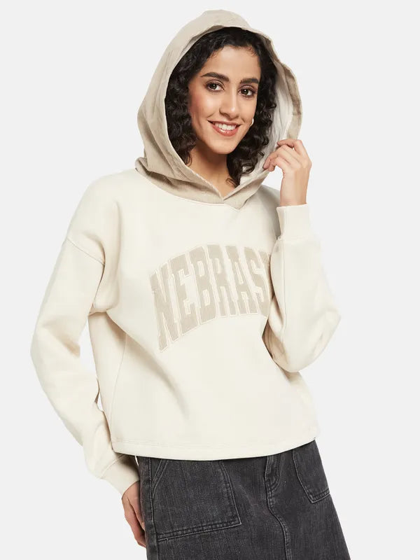 Mettle Women Cream-Coloured Printed Hooded Sweatshirt