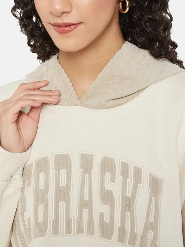 Mettle Women Cream-Coloured Printed Hooded Sweatshirt