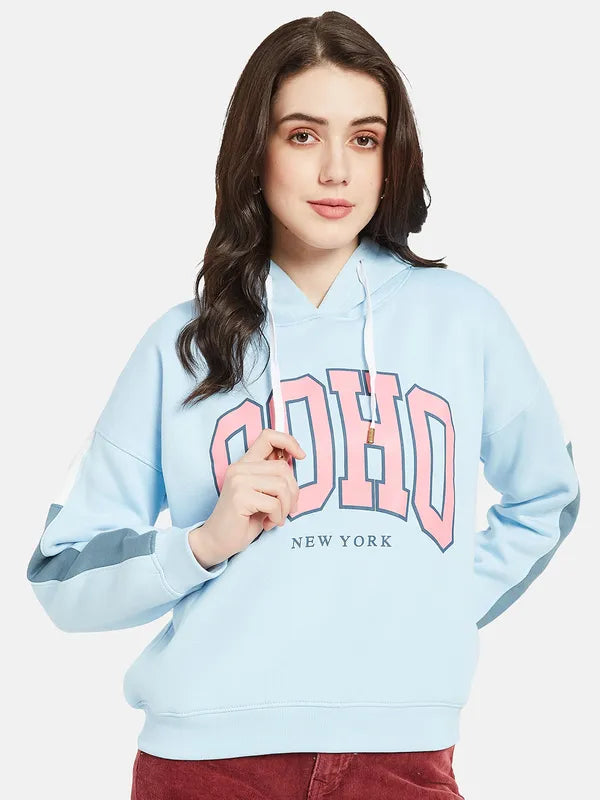 Mettle Women Blue Printed Hooded Sweatshirt