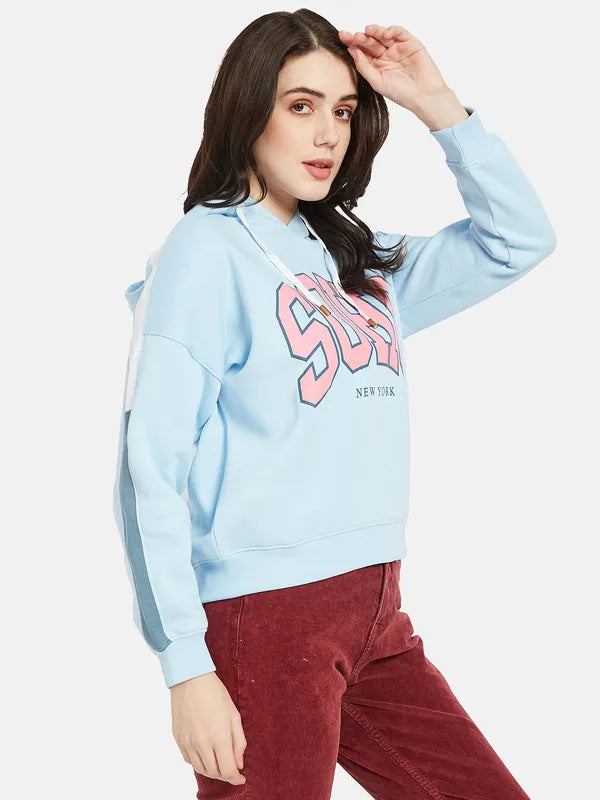 Mettle Women Blue Printed Hooded Sweatshirt